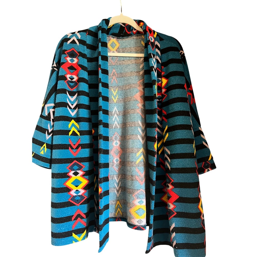 Teal Geometric Print Open‎ Front Cardigan Kimono Duster Boho Chic